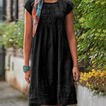 Knee Length Plain Crewneck Tunic Dress Ruched Short Sleeve Loose Pleated Sundress