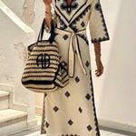 Quiet Atmosphere Linen Blend Ethnic Print Belted Midi Dress