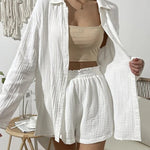 Shorts Set Cotton Pajamas Turn-Down Collar Long Sleeve Tops Suits