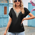 Short Sleeve V Neck Blouse Top Lace Trim Casual Summer Tee Shirt
