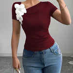 Short Sleeves Skinny Pleated Solid Color Three-Dimensional Flower Asymmetric Collar T-Shirts Tops