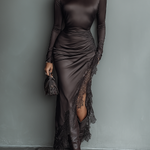 Women's Dark Brown Satin Irregular Hem Lace Slim Maxi Dress