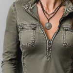 Slim Fit Western Utility Washed Green Zip-Up Top