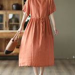 Retro Stitching Dress High Waist Lace Up Swing Skirt Knee Long Dresses