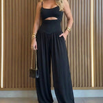 CHICME Women's Cut-out Waist Cami Jumpsuit Backless Tie-Back Lantern Romper Ruched High Waist Summer Jumpsuit