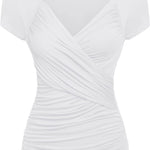 Nadorine Cross-Front V Neck Ruched Short Sleeve Blouses
