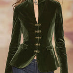 Elegant Retro Gold-buttoned Dark Green Velvet Blazer