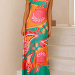 Asymmetric Shoulder Unique Print Swing Maxi Dress