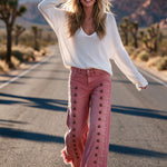 Vintage Button-down Washed Pink Flared Frayed Jeans