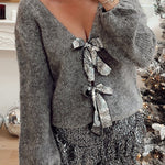 Misty Starlight Tie Front Sequin Bow Loose Sweater