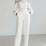Loose Puff Sleeves Applique Flower Shape Mesh Split-Joint Round-Neck Blouses&Shirts Tops