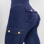 High Waist Tummy Control Butt Lifting Denim Look Leggings Stretchy Yoga Pants with Flap Pockets