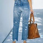 High Waisted Straight Leg Ripped Boyfriend Jeans Frayed Ankle Denim Pants