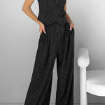 Retro V-neck striped two-piece set