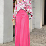 Two Piece Sets Long Puff Sleeve Shirt and Wide Leg Pants Streetwear Elegant Printed Vintage Sets