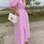 Striped Bud Sleeve V-Neck Belted Waist Dress