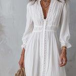 Vintage Cotton Linen Lace-trimmed Shirt Midi Dress