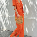 Nadorine Blazer Collar Short Sleeve Top Slit Trousers Pants Set