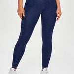 High Waist Tummy Control Butt Lifting Denim Look Leggings Stretchy Yoga Pants with Flap Pockets