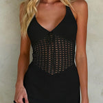 Sexy low-cut V-neck halter neck tie-up large backless hollow knitted dress