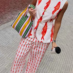 Good Luck Linen Blend Koi Pattern High Rise Elastic Waist Loose Pants