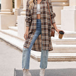 Nadorine Plaid Longline Button-Up Shacket Lapel Neck Long Sleeve Shirt Pocket