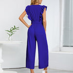 Nadorine Women's Casual Loose Jumpsuit V Neck Sleeveless Solid Ruffle Pleated Wide-leg Long Playsuit with Belt