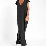 Nadorine Women's Casual V-neck Short Sleeve Loose Fit Slit Dress