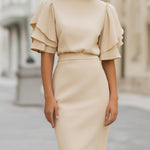 Ruffled Sleeve Top & Tailored Midi Skirt Two-Piece Set