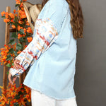 Frayed Denim Jacket Vintage Boho Tribal Button Down Patchwork Shirt Shacket