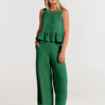 Nadorine 2 Piece Outfits Sleeveless Ruffle Tank Crop Top and Wide Leg Pants Lounge Set with Pockets