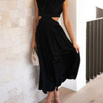 Cap Sleeve Belly-Hollow Pleated Solid Color Stand Collar Maxi Dresses
