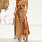 Spaghetti Strap Midi Dresses Sexy Deep V Neck Backless Floral Print Side Slit Maxi Dress