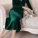 Solid Velvet Long Sleeve V Neck Slim Fit Fishtail Maxi Dress