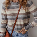 Gray Striped Ribbed Edge Round Neck Sweater