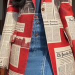Long Sleeves Loose Buttoned Newspaper Print Pockets Split-Joint Notched Collar Blazer Outerwear