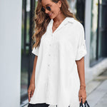 Nadorine Long Cuffed Sleeve Shirts Button Down V Neck Blouse Loose Fitting Tops