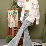 Frayed Denim Jacket Vintage Boho Tribal Button Down Patchwork Shirt Shacket