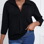 Nadorine Half Sleeve V-Neck Shirts Loose Casual Chiffon Collared Tunic Work Blouse