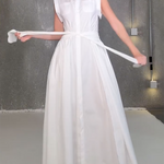 Cap Sleeve Loose Buttoned Solid Color Split-Side Tied Waist Maxi Dresses Shirt Dress