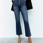 Nadorine Buckle Design High-waisted Micro-flared Jeans Casual Cropped Pants