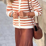 Caramel brown and white striped Chanel style knitted cardigan