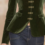 Elegant Retro Gold-buttoned Dark Green Velvet Blazer