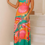 Asymmetric Shoulder Unique Print Swing Maxi Dress