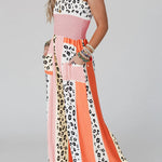 Pink Leopard Color Block Mix Print Straps Jumpsuit