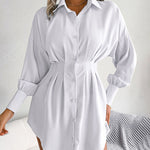 Nadorine Lantern Sleeve Waisted Asymmetric Shirt Dress for Women Casual Work Office Loose Fit 2026 | Under