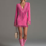 Western-style Retro Embroidered Tassel Pink Faux Suede Mini Dress