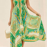 Elegant Off-Shoulder V-Neck Suspender Print Swing Dress
