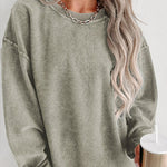 Solid Ribbed Round Neck Pullover Sweatshirt