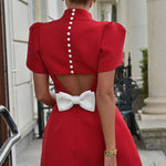 Sweet Moment Slit Short Sleeve Backless Removable Satin Bow Mini Dress
